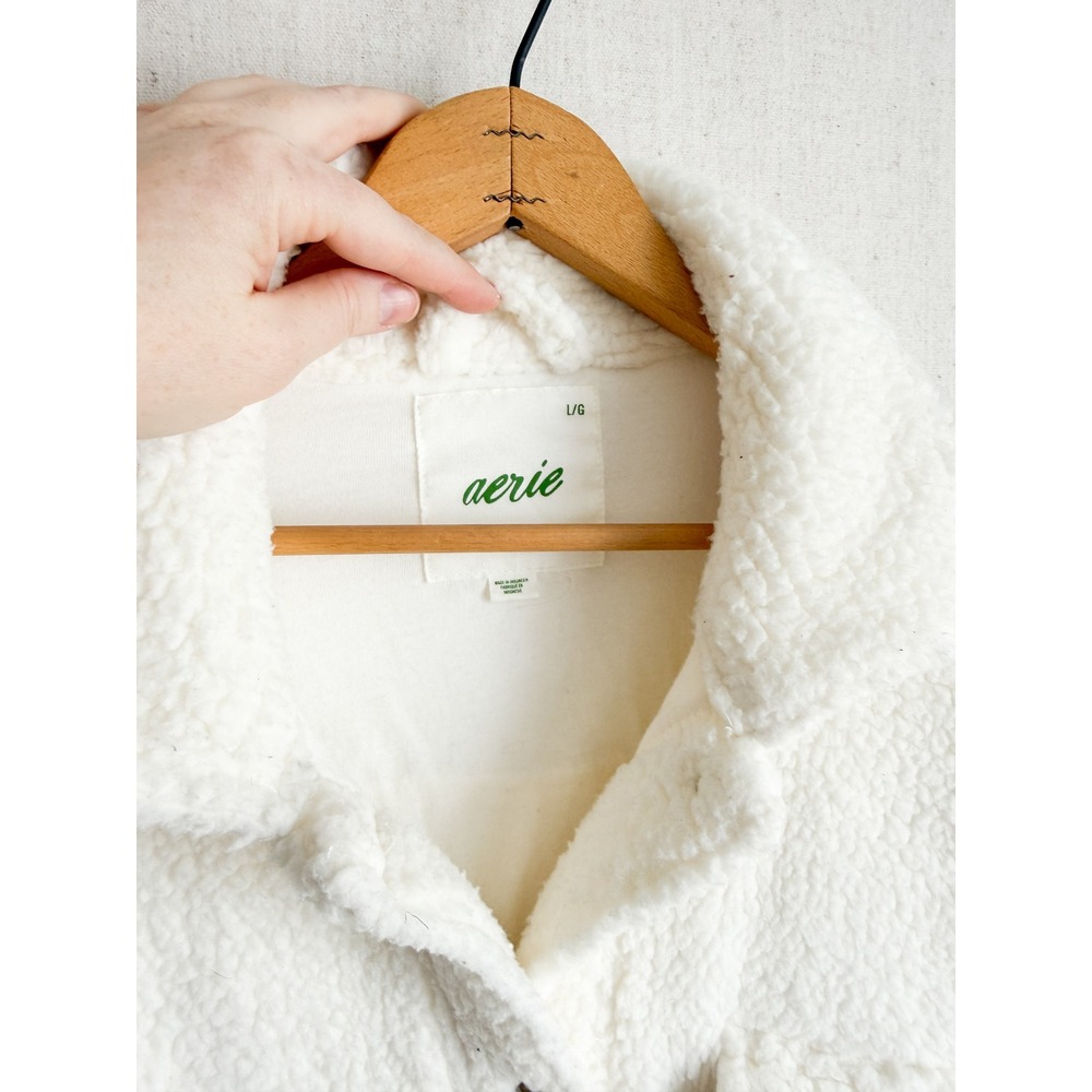 Aerie Womens Cream White Sherpa Fleece Button Up Shacket Jacket Large L/G - Picture 2 of 4
